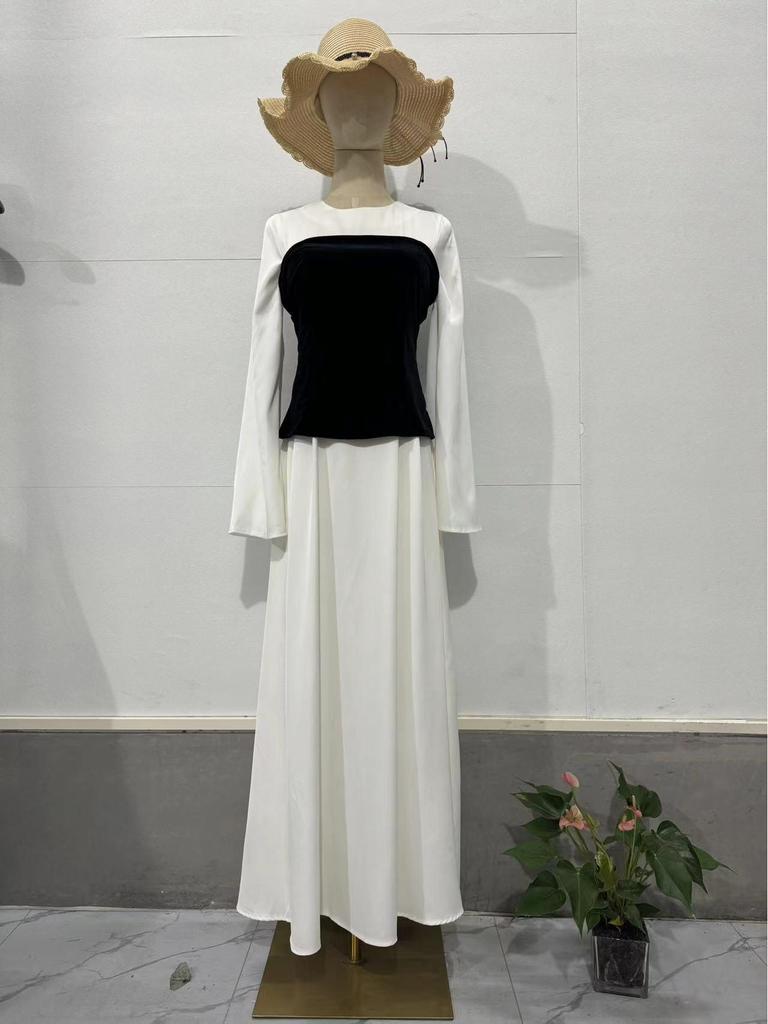 2023 Autumn Black & White Patchwork Waist-Slimming Socialite Maxi Dress for Women
