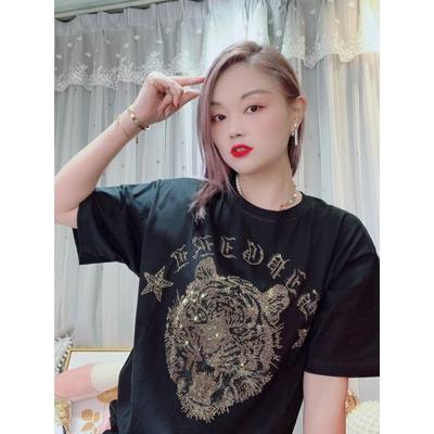 Short-sleeved T-shirt for Women's Trendy Pure Cotton Heavy Industry New Ironing Diamond Tiger Head Medium Length Loose Half-sleeved Top