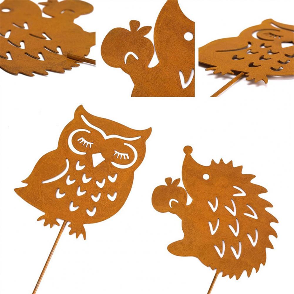 Rustic Planter Stake Stake Garden Decor Iron Silhouette Garden Stakes for Flower Pots Bonsai Hedgehog Owl Squirrel for Window