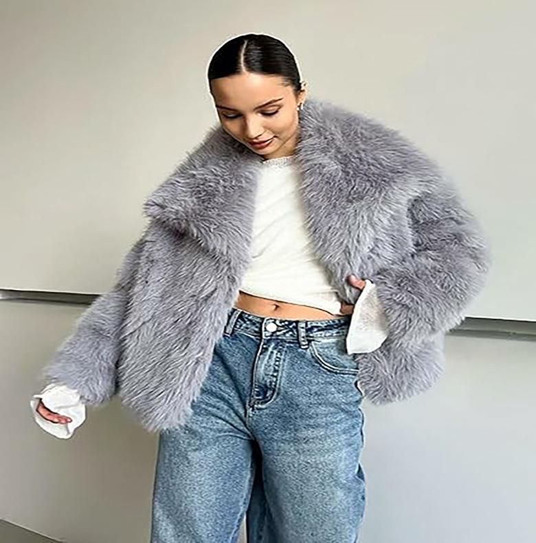 Eco-friendly Faux Fur Coat with Large Lapel, European-American Fashion, Thick and Cozy, Winter 2025 Collection