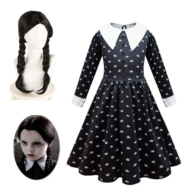 Wednesday Addams Dress Wig Cosplay Costume For Kid Girl Halloween Xmas Party