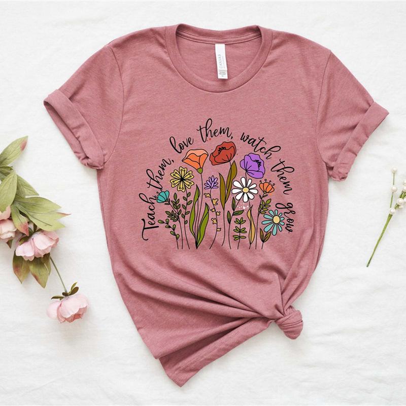 Rundhalsausschnitt, kurzärmelig, bedruckt, inspirierende Lehrerin, bequem, lässig, locker, Baumwolle, kurzärmelig, T-Shirts für Damen