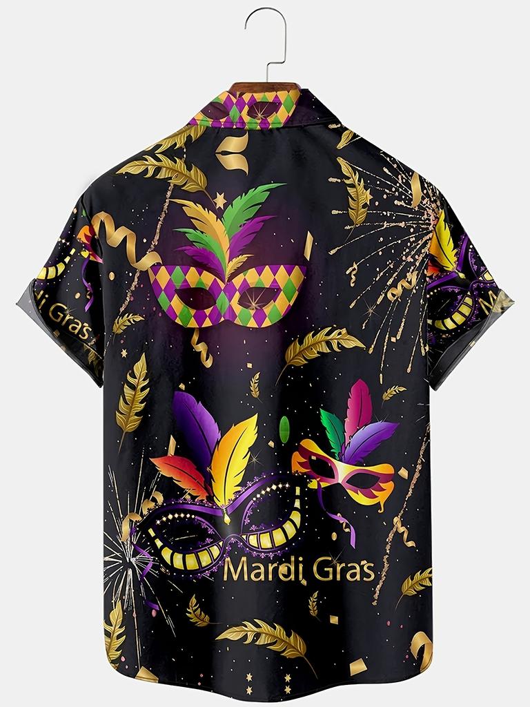 Mardi Gras Mask Printed Men's Plus Size Button Short Sleeve Hawaiian Shirt