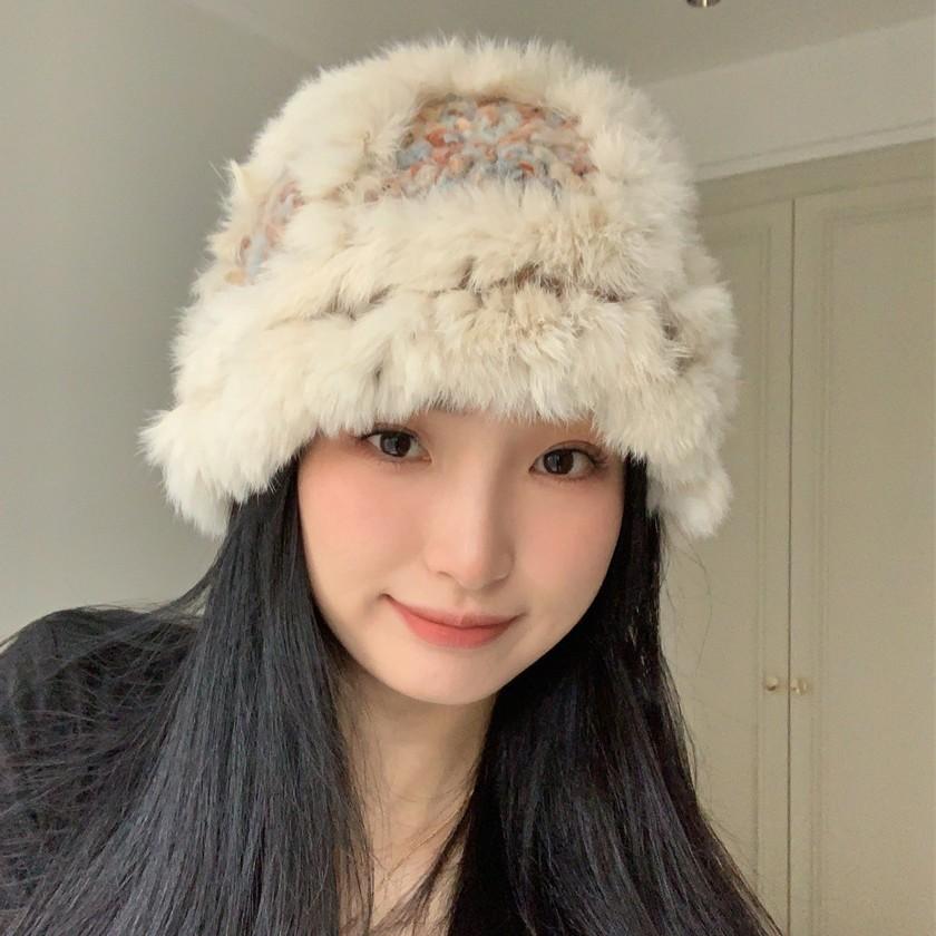 Soft Waxy Rabbit Fur Warm Hand Knitted Hat for Women New Autumn and Winter Ski Sweet Lion Awakening Wool Hat