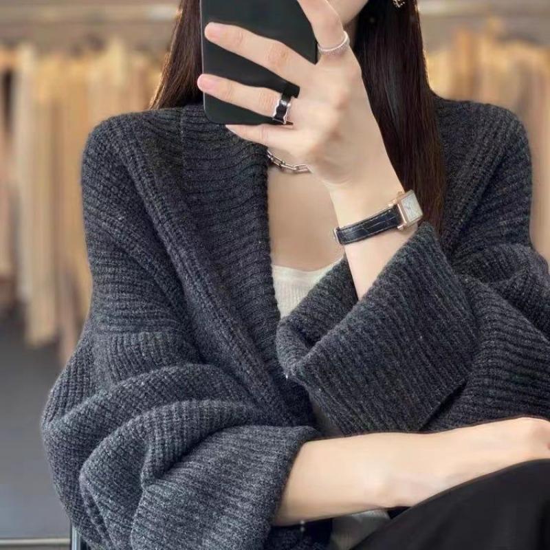 Autumn and Winter New Lapel Medium and Long Loose Cardigan Women's Solid Color Gentle and Lazy Knitted Sweater Jacket