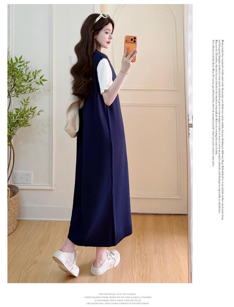 Stylish Maternity Chic Summer Mid-Length Thin Fake Two-Piece Dress for Trendy Moms