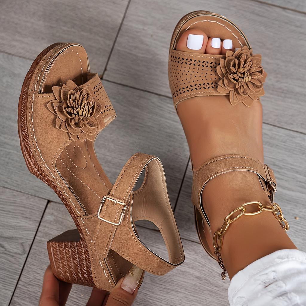 Women's Wedge Sandals - Floral Decor Cross Strap Thick Heel Shoes, Round Toe Comfortable Walking Sandals for Ladies