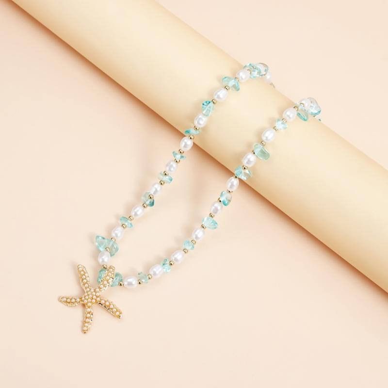 Playful Starfish Drop Necklace Lightweight Alloy Collarbone Chain With Crystal Embellishment For Casual Daily Wear