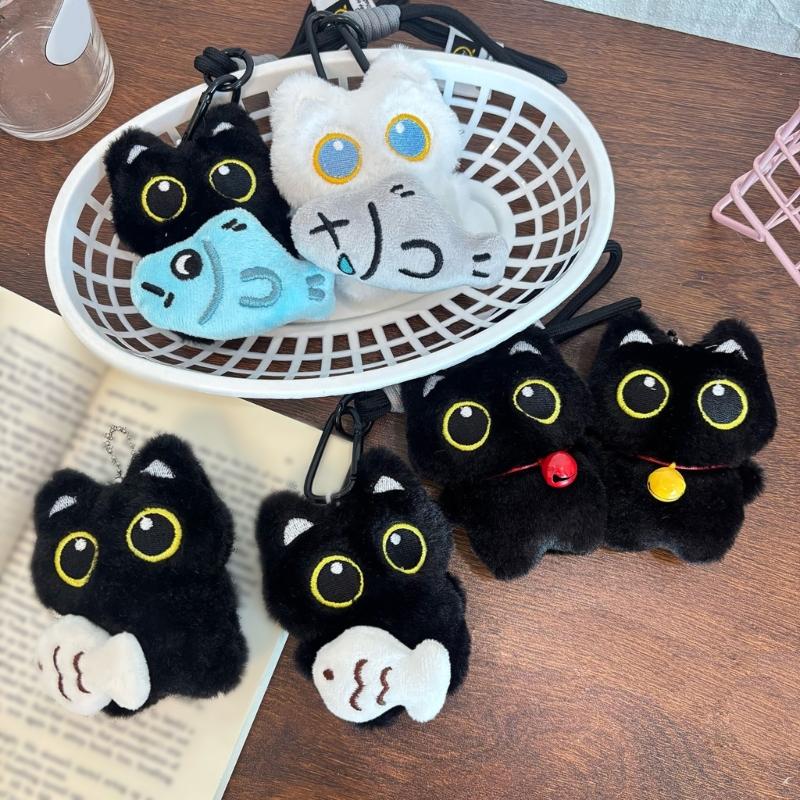 Adorable Plush Black Kitten Keychain With Bells And Fish Toy Christmas Tree Ornament Gift For Kids Birthday Decorations