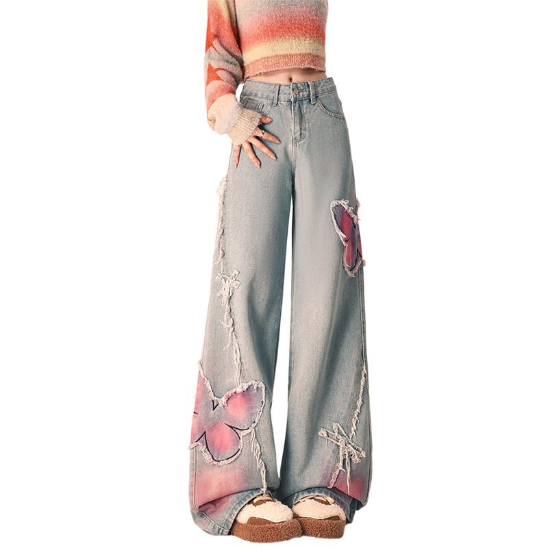 Plus Size Butterfly Patchwork High-Waist Jeans - Chic Women's Wide-Leg Summer Pants