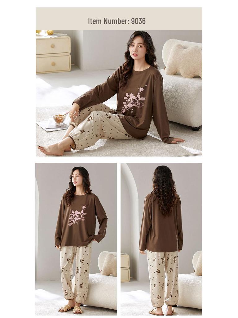 Women's Long Sleeve, Long Pants Pajama Set - Round Neck, Lycra Cotton, Lightweight, Simple Style, Autumn Homewear, Two-Piece Set