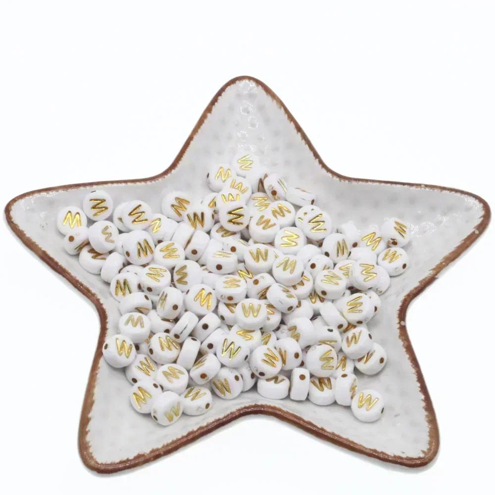 

Acrylic White A-Z 26 Letter Beads Gold Color Round Flat Loose Spacer Alphabet Beads For Jewelry Making Diy Bracelet Accessories 100PCS