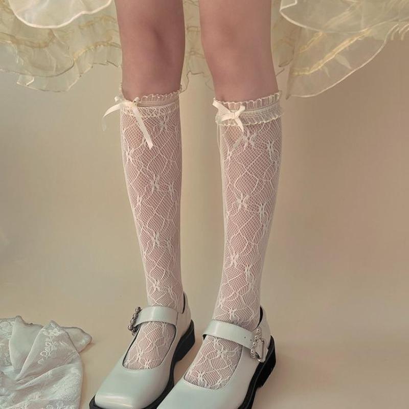 1 Pair Kawaii Bow Lace Mid Calf Girl Sock JK Schoolgirl Mary Jane Cut-out Socks Summer Jacquard Bow Floral Thin Tweed Stockings