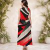 Women Plus Size Round Neck Sleeveless Black Grey Patchwork Print A Line Long Dress With Side Pockets