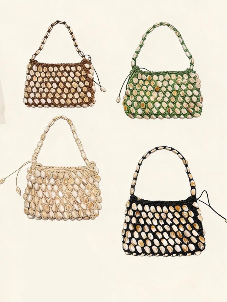 French Woven Bucket Bag Handmade Bead Bag Fashionable Stone Handheld Wrist Style Handbag Women's Square Shape Underarm Bag