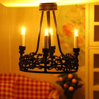 1:12 Puppenhaus Miniatur Led Licht Wand Lampe Schwarz Vier-Kopf Runde Kronleuchter Hause Beleuchtung Modell Möbel Dekor Spielzeug