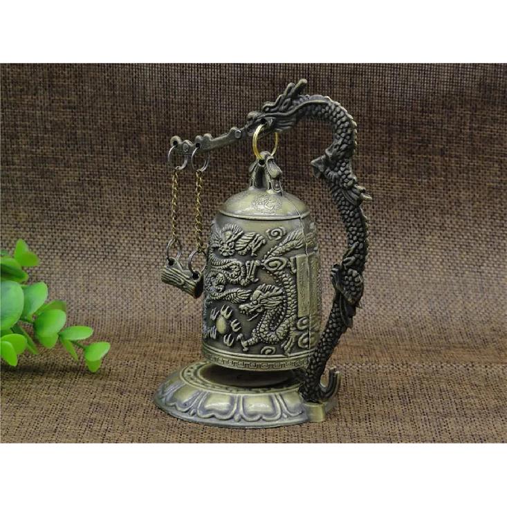 1Pc New Hot Selling Good Luck Feng Shui Ornament Home Decor Figurines Metal Bell Carved Dragon Buddhist Clock Home Decor Supply