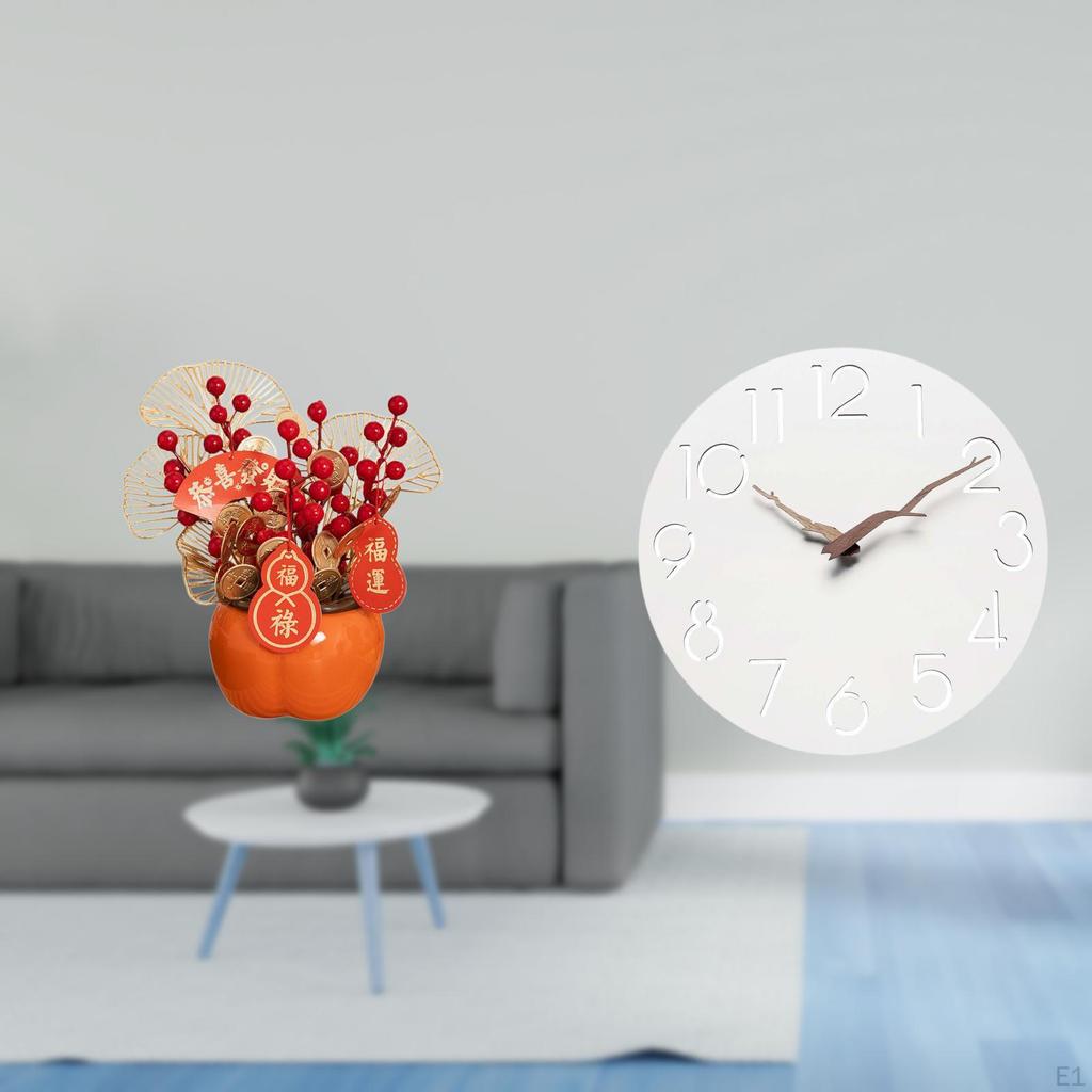 Artificial Flower Bonsai Year Desk Decoration with Silent Wall Clock Art for Home Office Kitchen