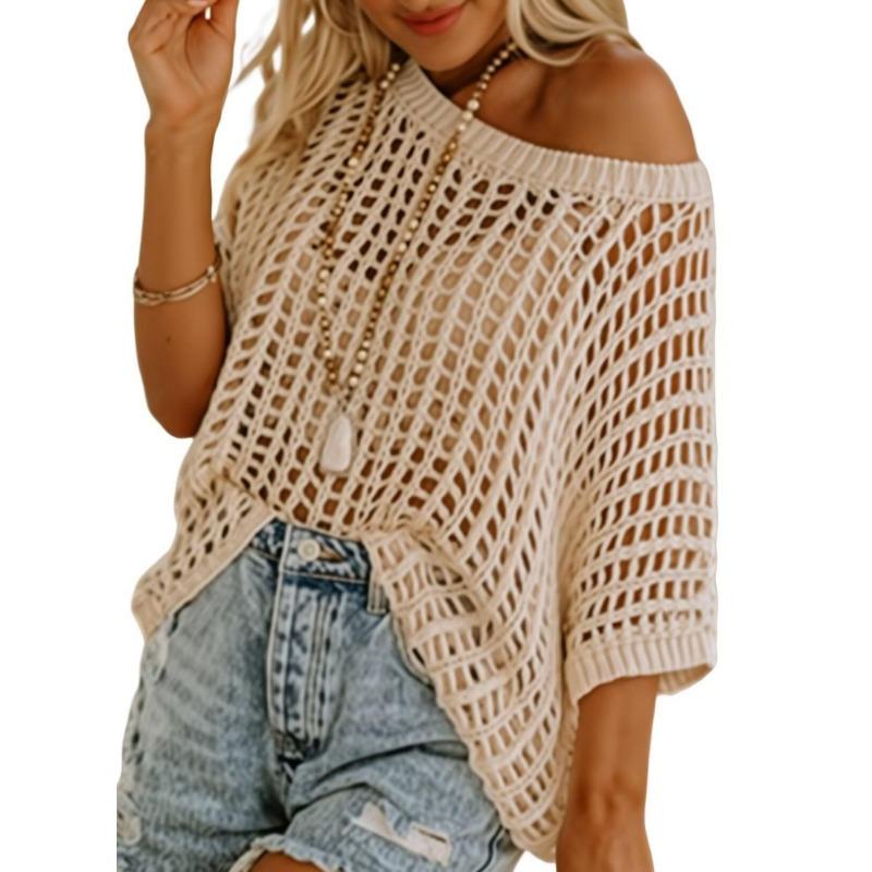 Women's White Off-Shoulder Hollow Out Knit Cover-Up