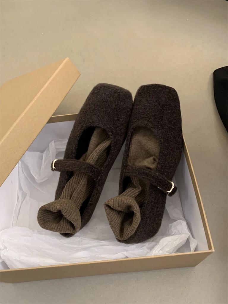 Fashion Fashion Square Toe Fleece Flet Ballet Flats Woman Winter Warm Wool Mary Jane Shoes Ladies Brand Design Elegant Plush Loafers