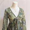 Brown Floral Print Deep V-Neck Long Sleeve Blouse with Bow and Ruffle Hem