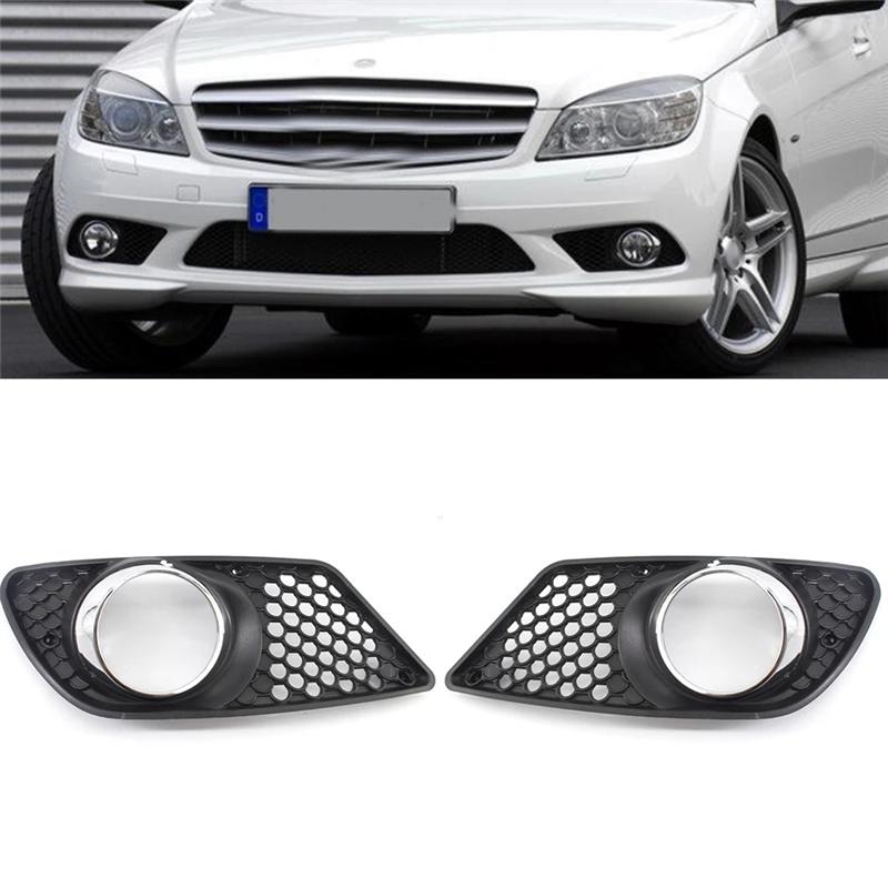 1 Pair Car Front Bumper Fog Light Grille Fog Lamp Grill Cover with Chrome Frame for Benz C-Class W204 2008-2010
