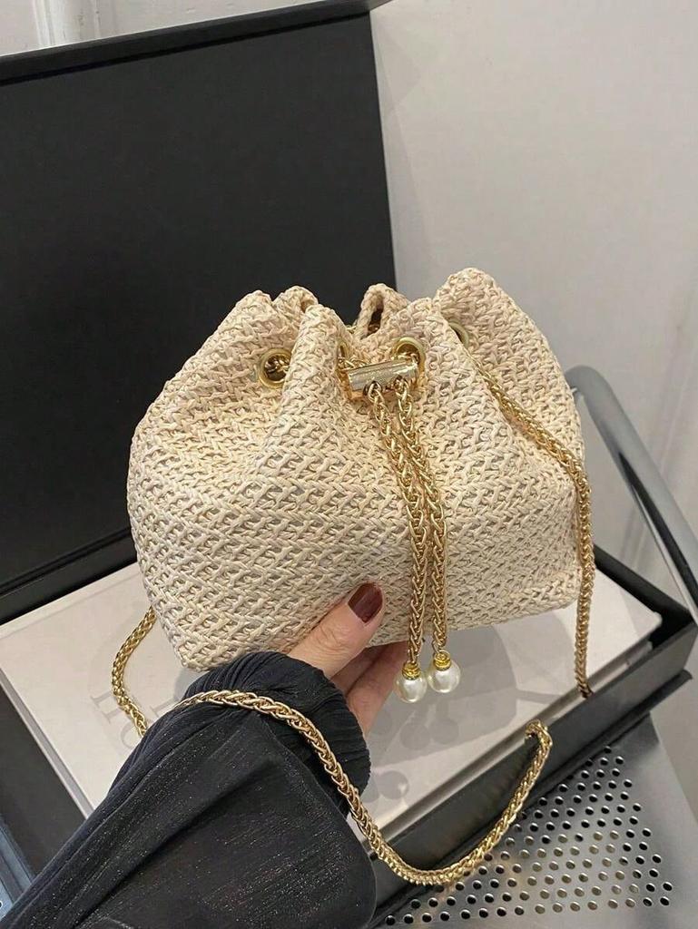 Fashion Solid Color Hollow Out Woven Chain Drawstring Mini Crossbody Bucket Bag , Small Bags , Beach Bag, Woven Bag, Straw Bag