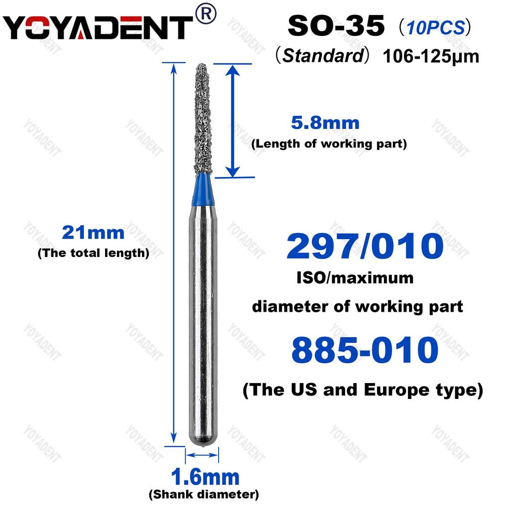 10Pcs/Pack Dental Diamond Burs SO Type Extra Coarse/Coarse/Standard Dentistry Drills For High Speed Handpiece Dia.1.6mm