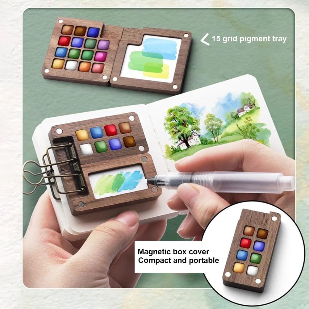 Tragbares Reise-Aquarellfarben-Paletten-Set Super Mini Taschen-Künstler-Aquarell-Sets Walnuss-Farbkasten Skizzenbuch Kunstbedarf