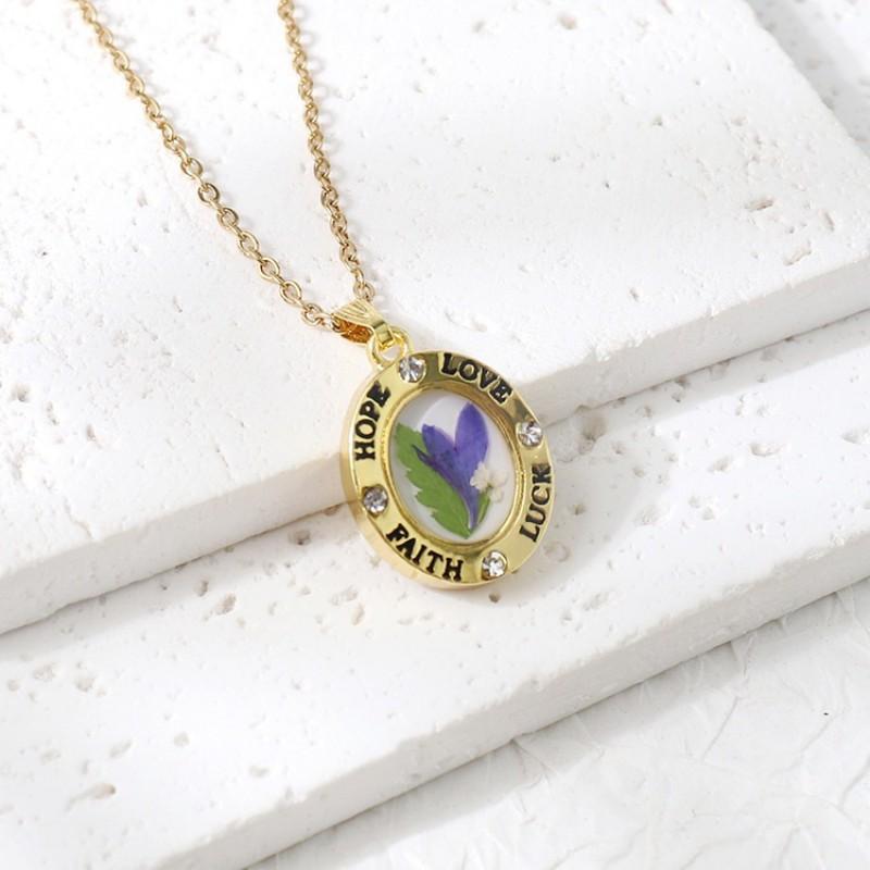 Elegant Oval Pendant Necklace With Real Preserved Rose Flower Women Sweet Romantic Jewelry Valentines Day Gift