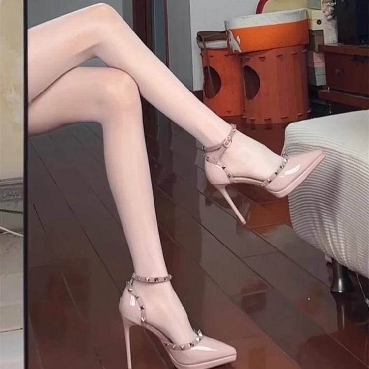 Waterproof Table High Heels Nude Women's Versatile Thick Heel Sexy Dry Pointed Temperament Sandals Female Royal Sister Small Fragrant Wind Rivets