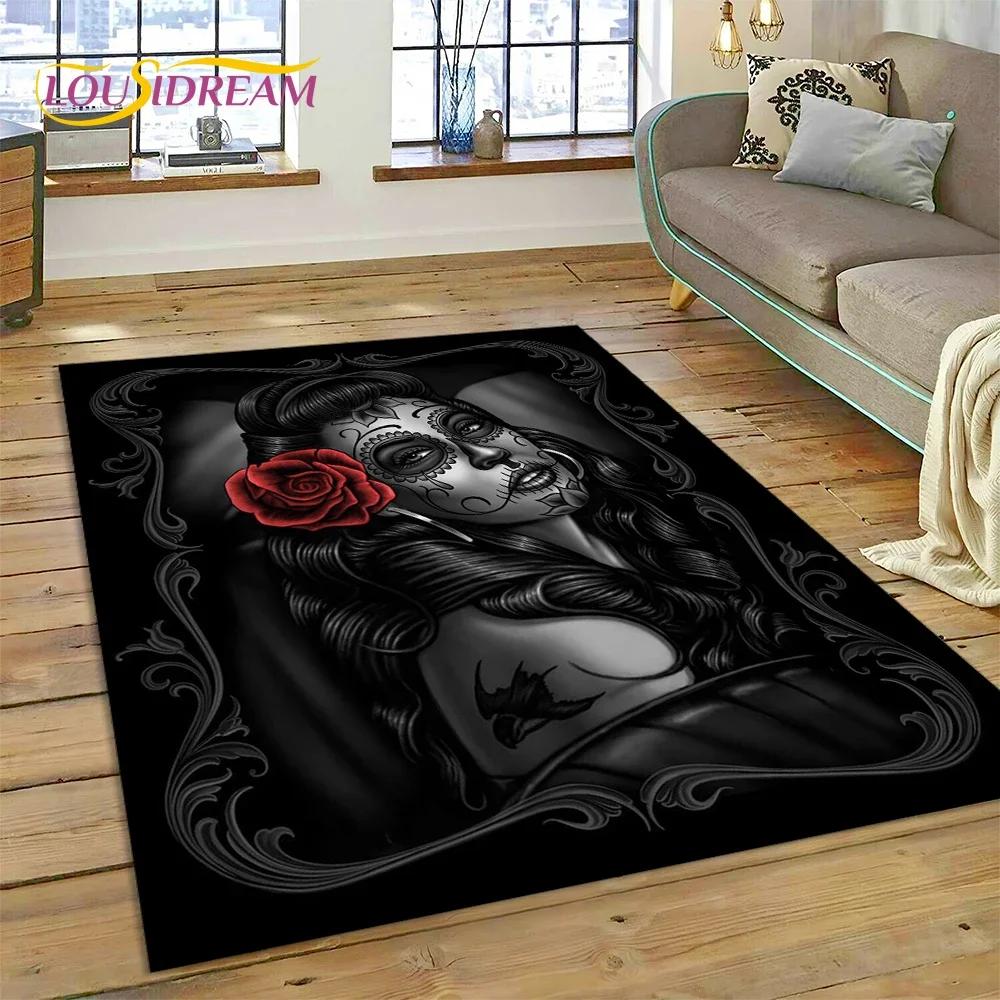 Totenkopf Totes Mädchen 3D Gothic Horror Weiblich Rose Teppich für Wohnzimmer Schlafzimmer Dekoration, Rutschfeste Dekoration für Sofa Fußmatte Geschenk