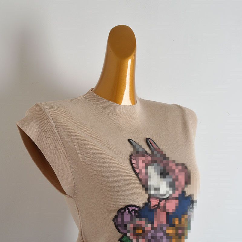 Pure Desire Rabbit Embroider Flying Sleeves Knitwear Female Summer Silm Figure Flattering Back Strap T-shirt Tops