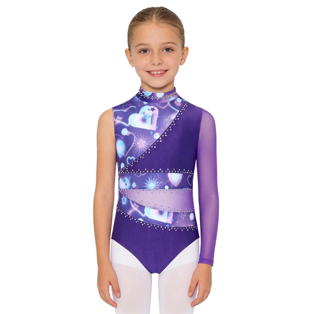 Girls Gymnastic Leotard Sparkly Rhinestones Patchwork Asymmetric Sleeve Design Back Hole Out Crotch Press Buttons Dance Unitard Competition Bodysuit