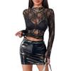 Women Tops Half High Collar Long Sleeve Embroidery Lace Flower Pattern Blouse Perspective