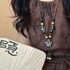 Vintage Ethnic Style Ceramic Flower Beaded Necklace for Women Colorful Beads Fringe Pendant Long Choker Sweater Dress Jewelry