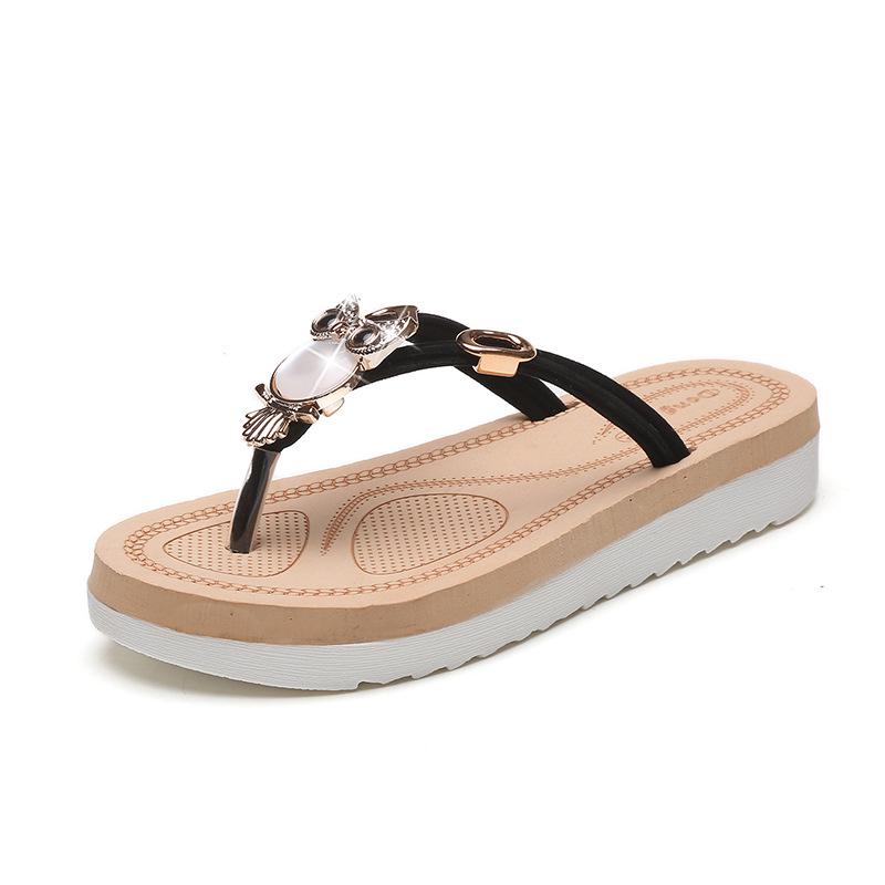 

Шлепанцы летние прохладные тапочки плоские нескользящие пляжные женские со стразами сова женские сандалии 39 чёрный