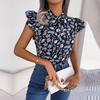 Damen Sommer Chiffon Bluse Floral Schnürung Schleife Holzohr Hemd