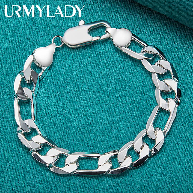 925 Sterling Silver 12mm Side Chain Bracelet Fashion Jewelry MB116