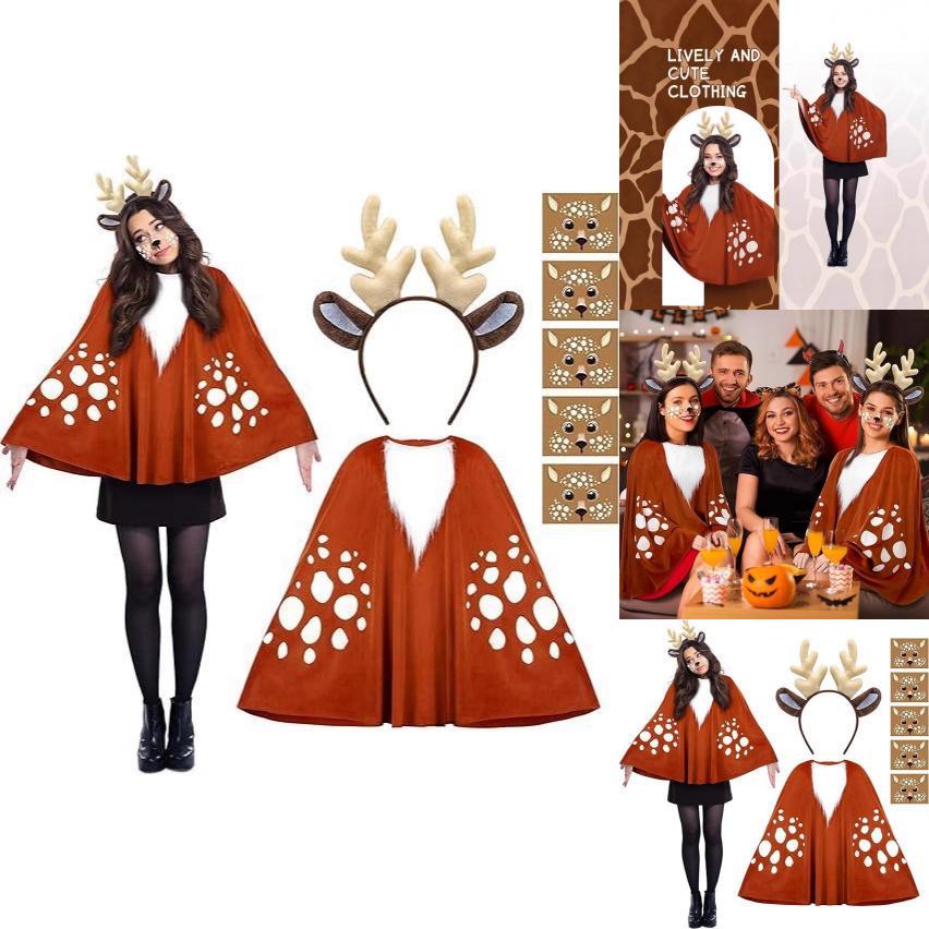 Christmas Cosplay Reindeer Cape With Face Sticker And Headband For Holiday Parties