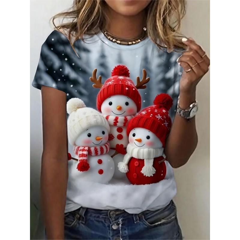 Womens Slim Fit Round Neck Short Sleeve T-Shirt With 3D Santa Claus Print Soft Cotton-Feel Fabric Casual Office Wear