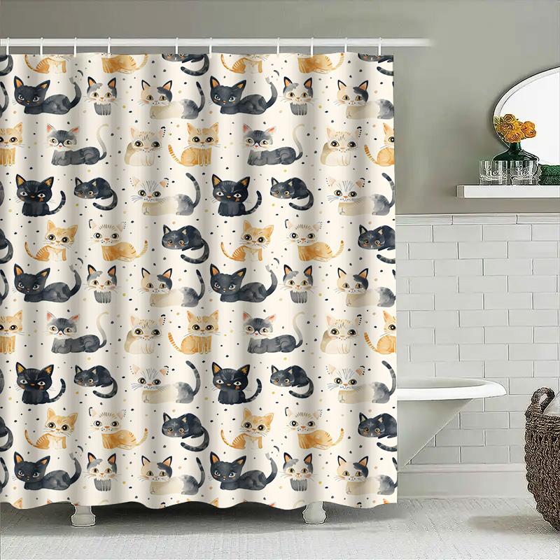 Watercolor Cat Shower Curtain Black White Gray Yellow Orange Grey Red Design Fabric Waterproof Bathroom Decor Custom Size Availa