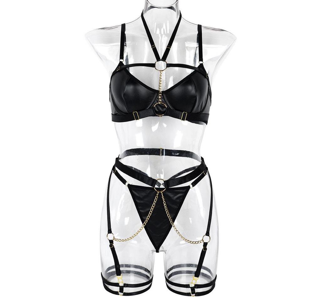 Soft Leather Chain Spliced Sexy Women's Lingerie Set
