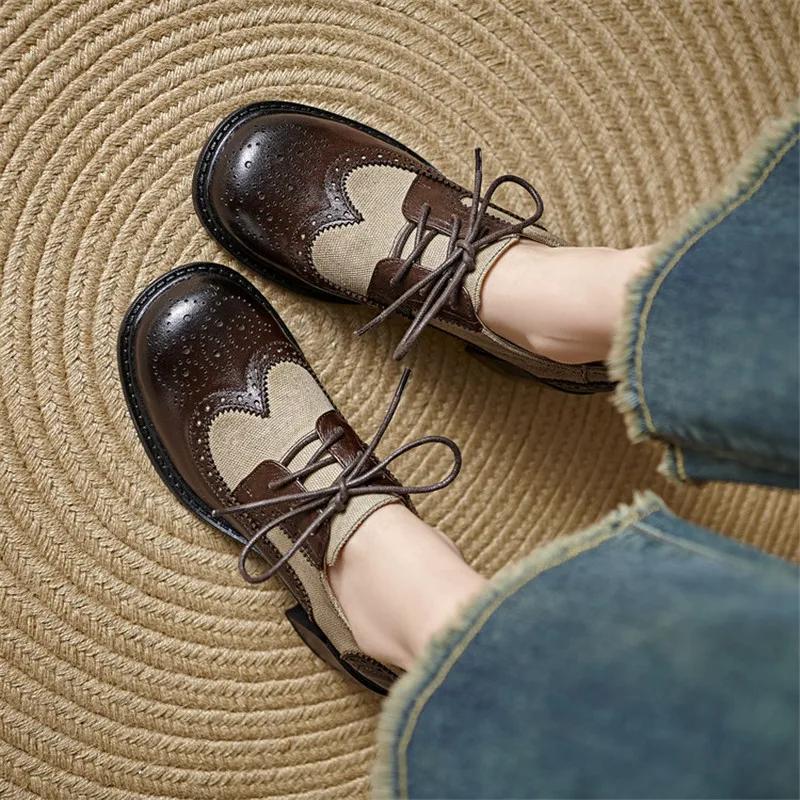 Fashion 2025 New Spring/autumn Brogue Designs Cow Leather Woman Shoes Round Toe High Heel Women Pumps Shoes for Women Fashion Loafers