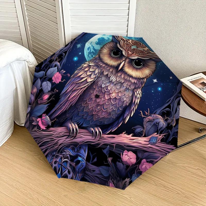 1pc Fantasy Night Owl with Moon Umbrella with Plastic Handle,Suitable for All Seasons Home Travel Outdoor UmbrellaDD675