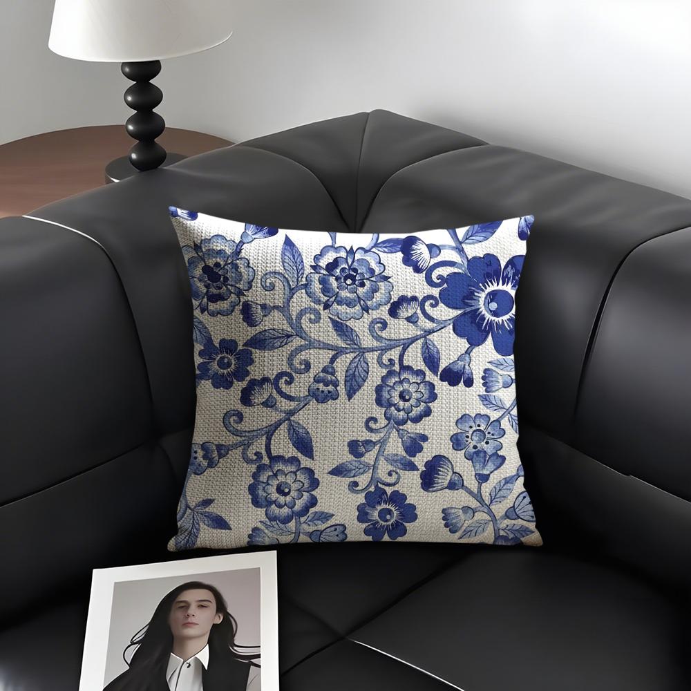 Blue Pattern Hot Cushion Cover Natural Linen Organic Fabric DoubleSided Printing Sofa Home Decor Gift Pillow Case