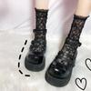 Women Sexy Black Fishnet Floral Pattern Lace Socks Thin Hollow Nylon Silk Retro Flower Pile Socks Ladies Transparent Crew Socks