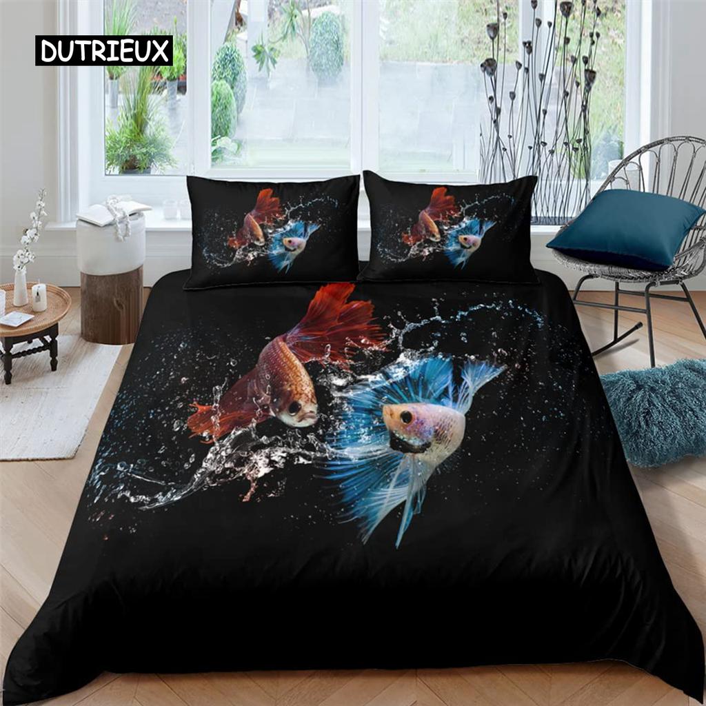 Goldfish Duvet Cover Set Ocean Life Comforter Cover Wave Splash Bedding Set Polyester Abstract Art Single Queen King Quilt Cover