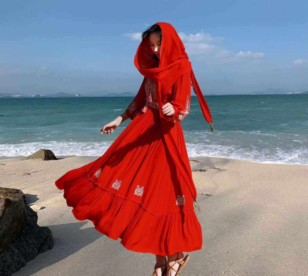 Yunnan Sanya Fairy Beach Red Dress - Women's Long Slimming Desert Travel Outfit