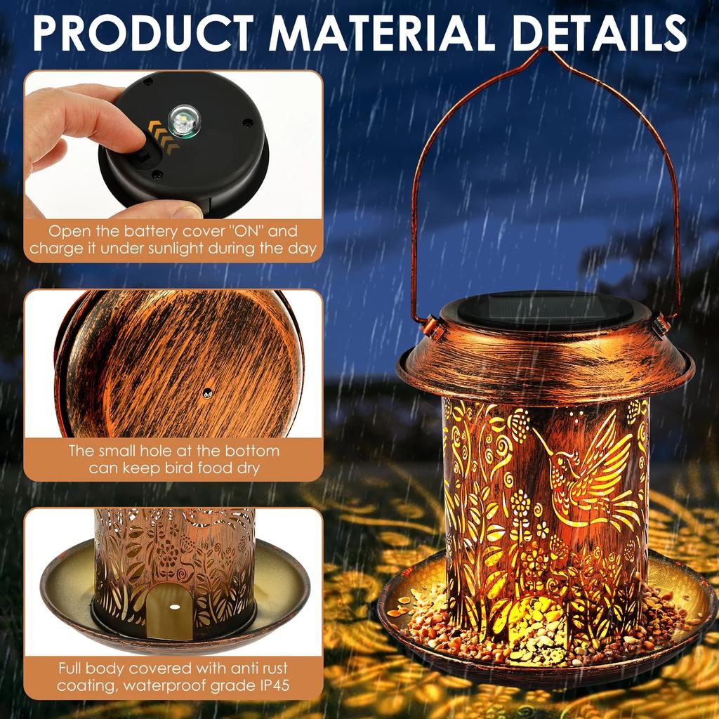 Solar Lantern Bird Feeder for Outside Hummingbird Metal Wild Bird Feeder Hanging Outdoor Garden Ornament Waterproof Light